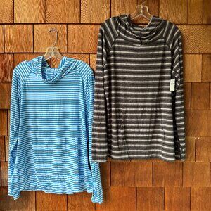 NEW GAP FIT Black/White/Blue Stripe Long Sleeve Stretch Hoodies Women's X-Large